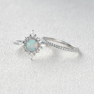 1.0 CT Round Opal October Birthstone Halo & Pave Bridal Ring Set in 925 Sterling Silver - Danni Martinez