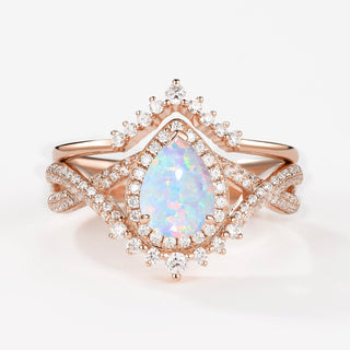 2.0 CT Pear Opal Art Deco October Birthstone Bridal Ring Set in 925 Sterling Silver - Danni Martinez