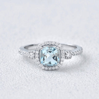 2.0 CT Cushion Aquamarine March Birthstone Halo & Pave Ring in 925 Sterling Silver - Danni Martinez