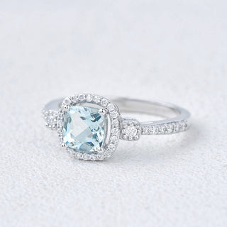 2.0 CT Cushion Aquamarine March Birthstone Halo & Pave Ring in 925 Sterling Silver - Danni Martinez