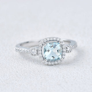 2.0 CT Cushion Aquamarine March Birthstone Halo & Pave Ring in 925 Sterling Silver - Danni Martinez