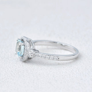 2.0 CT Cushion Aquamarine March Birthstone Halo & Pave Ring in 925 Sterling Silver - Danni Martinez