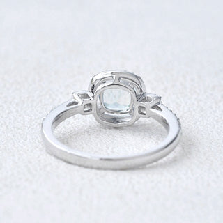 2.0 CT Cushion Aquamarine March Birthstone Halo & Pave Ring in 925 Sterling Silver - Danni Martinez