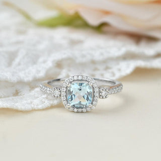 2.0 CT Cushion Aquamarine March Birthstone Halo & Pave Ring in 925 Sterling Silver - Danni Martinez