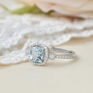 2.0 CT Cushion Aquamarine March Birthstone Halo & Pave Ring in 925 Sterling Silver - Danni Martinez