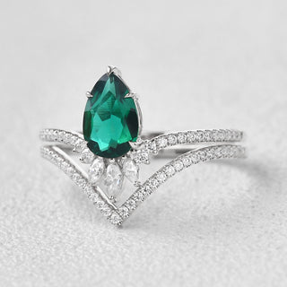 1.70 CT Pear Emerald May Birthstone Unique Bridal Ring Set in 925 Sterling Silver - Danni Martinez