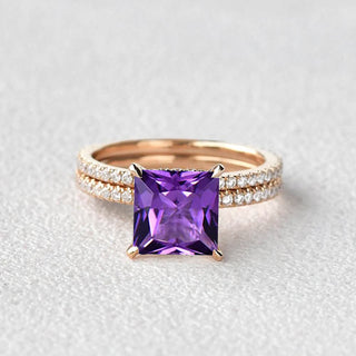 2.0 CT Princess Amethyst February Birthstone Pave Bridal Ring Set in 925 Sterling Silver - Danni Martinez