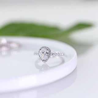 1.5 CT Pear Moissanite Halo Pave Diamond Ring in 925 Sterling Silver- The ‘Walker’ Ring - Danni Martinez