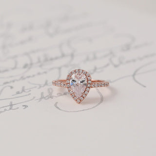 1.5 CT Pear Moissanite Halo Pave Diamond Ring in 925 Sterling Silver- The ‘Ariel’ Ring - Danni Martinez