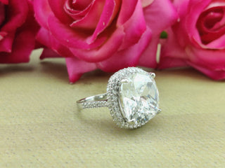 3.50 CT Cushion Moissanite Halo & Pave Diamond Ring in 925 Sterling Silver- The ‘Casey’ Ring - Danni Martinez