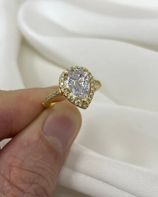 2.0 CT Pear Moissanite Halo Pave Diamond Ring in 925 Sterling Silver- The ‘Annette’ Ring - Danni Martinez